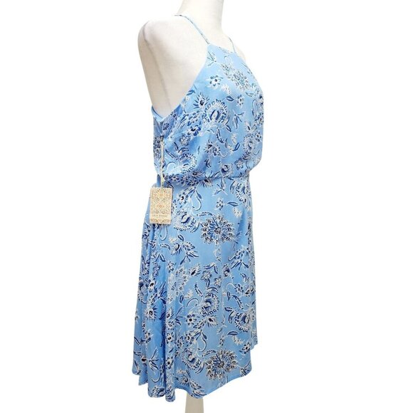 Blue Floral Halter Neck Sleeveless Midi Dress With Lace-Up Back Size M - Picture 7 of 10